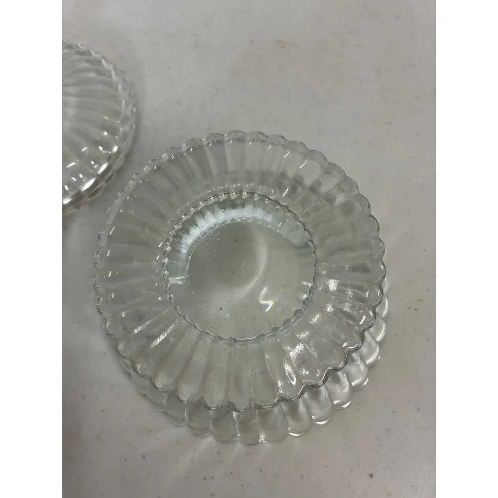 Vintage Clear Ribbed Pressed Glass Footed Candy Dish with Lid Scalloped Pedestal